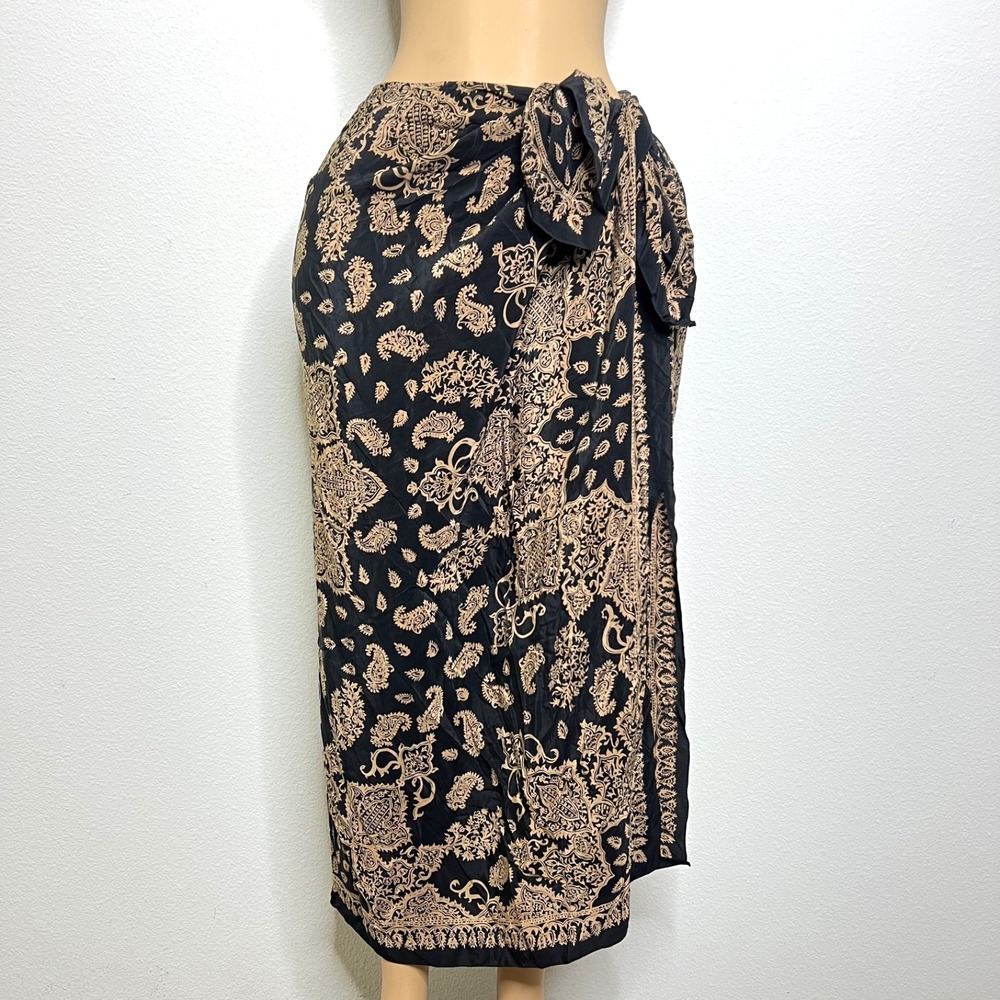 Emanuel Ungaro 100% Silk Black Gold Paisley Wrap Skirt Sarong Midi Resort Sz 12